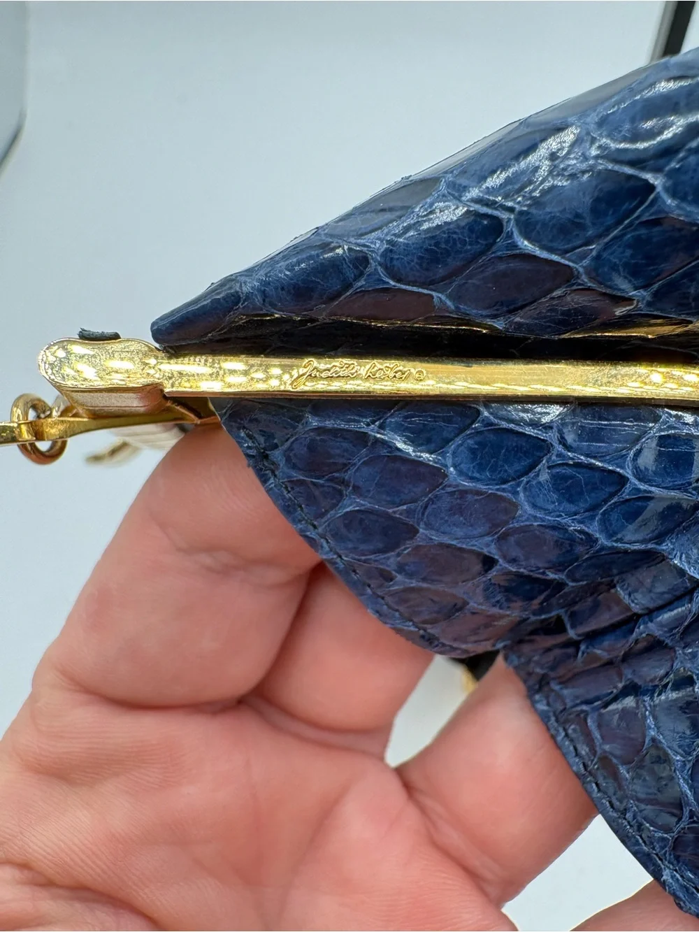 Vtg JUDITH LEIBER Snakeskin Leather Clutch Bag Small Navy Gold Multi Stones RARE